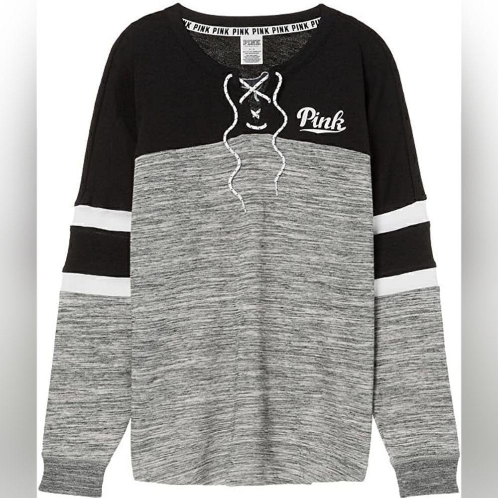 Victoria's Secret Pink Lace Up Varsity Crew Sweatshirt Marl Gray Black